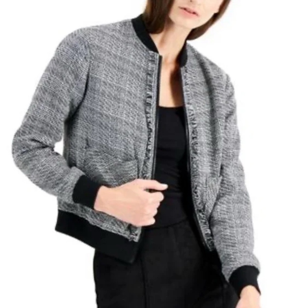 Anne Klein Women's Black and Gray Tweed Bomber Jacket
